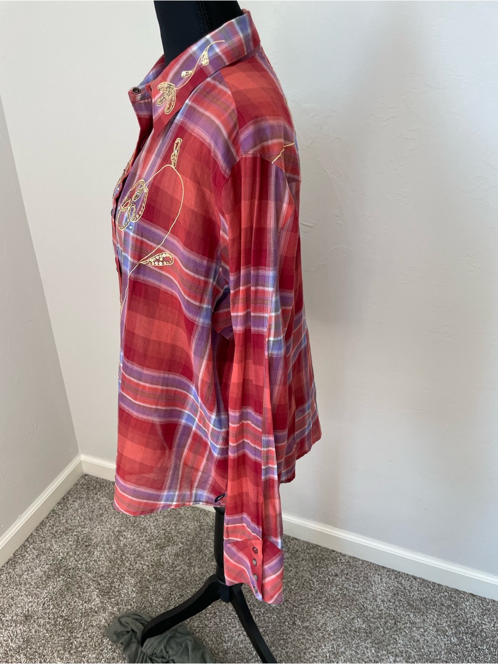 Cruel Girl Red Plaid Button-Down Shirt with Gold Embroidery Pearl Snap - Picture 3 of 6